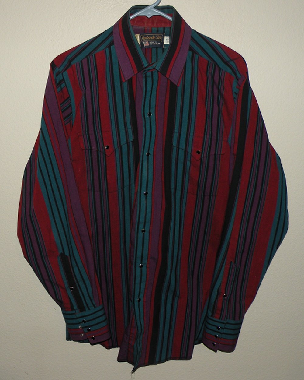 Vtg Panhandle Slim Mens Med Western Snap Shirt Blue/Black/Purple Red Stripes USA